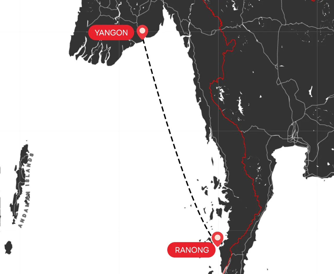 Route map connecting Yangon and Ranong by sea